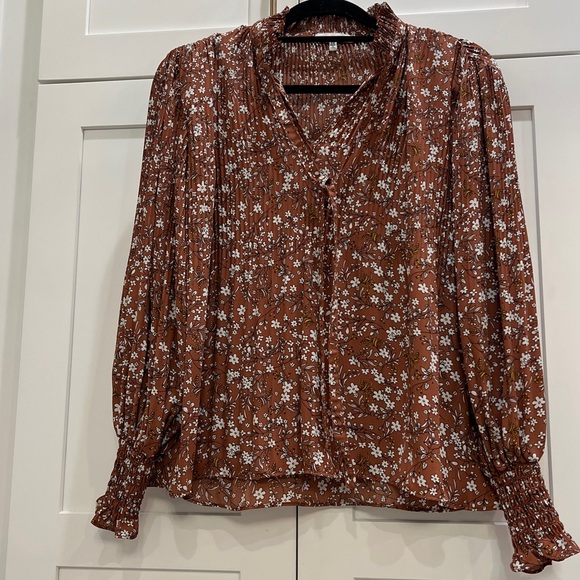 Max Studio Floral blouse XS Max Studio Tie Keyhole Brown Floral Top - Picture 10 of 15